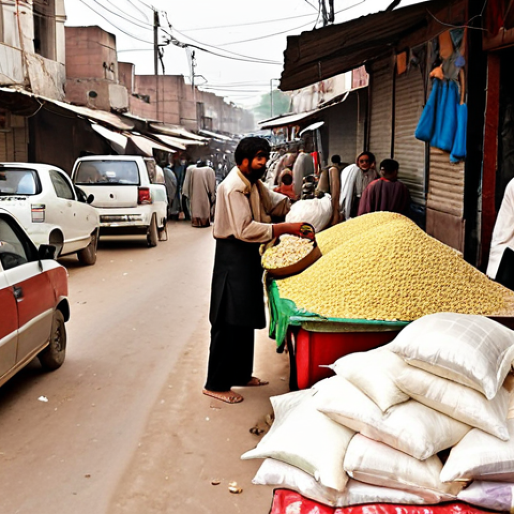 **High Inflation Impact**: Create an image depicting a bustling market scene in Pakistan with rising prices on essential goods like rice and cooking oil. Show frustrated families struggling with their shopping bags, highlighting the impact of high inflation on everyday life.