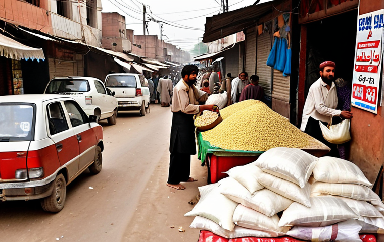 **High Inflation Impact**: Create an image depicting a bustling market scene in Pakistan with rising prices on essential goods like rice and cooking oil. Show frustrated families struggling with their shopping bags, highlighting the impact of high inflation on everyday life.